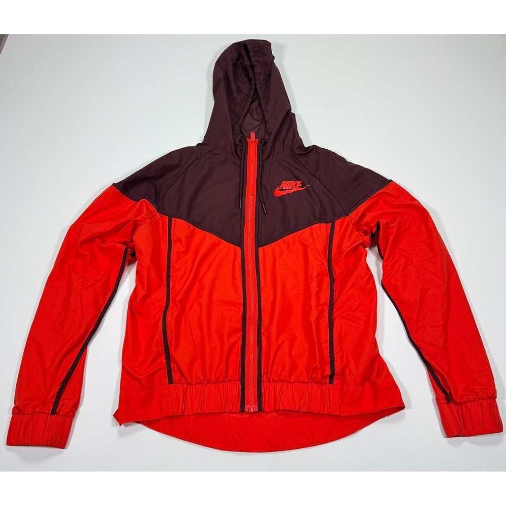 Nike Womens S Orange Maroon Hooded Full Zip Windbreaker Jacket Lightweight Logo